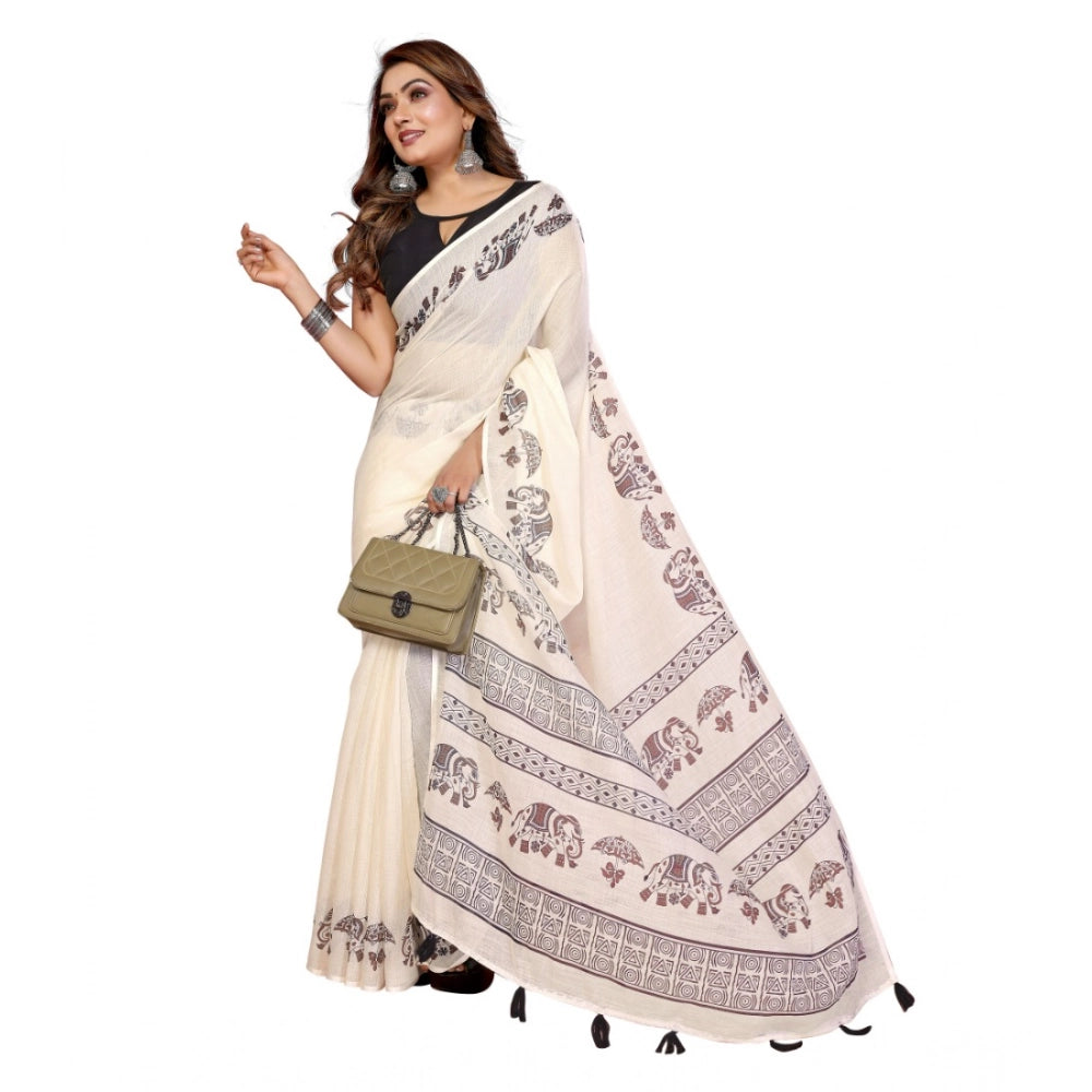 Women's Linen Cotton Printed Saree With Unstitched Blouse 5.5Mtr (Off White)