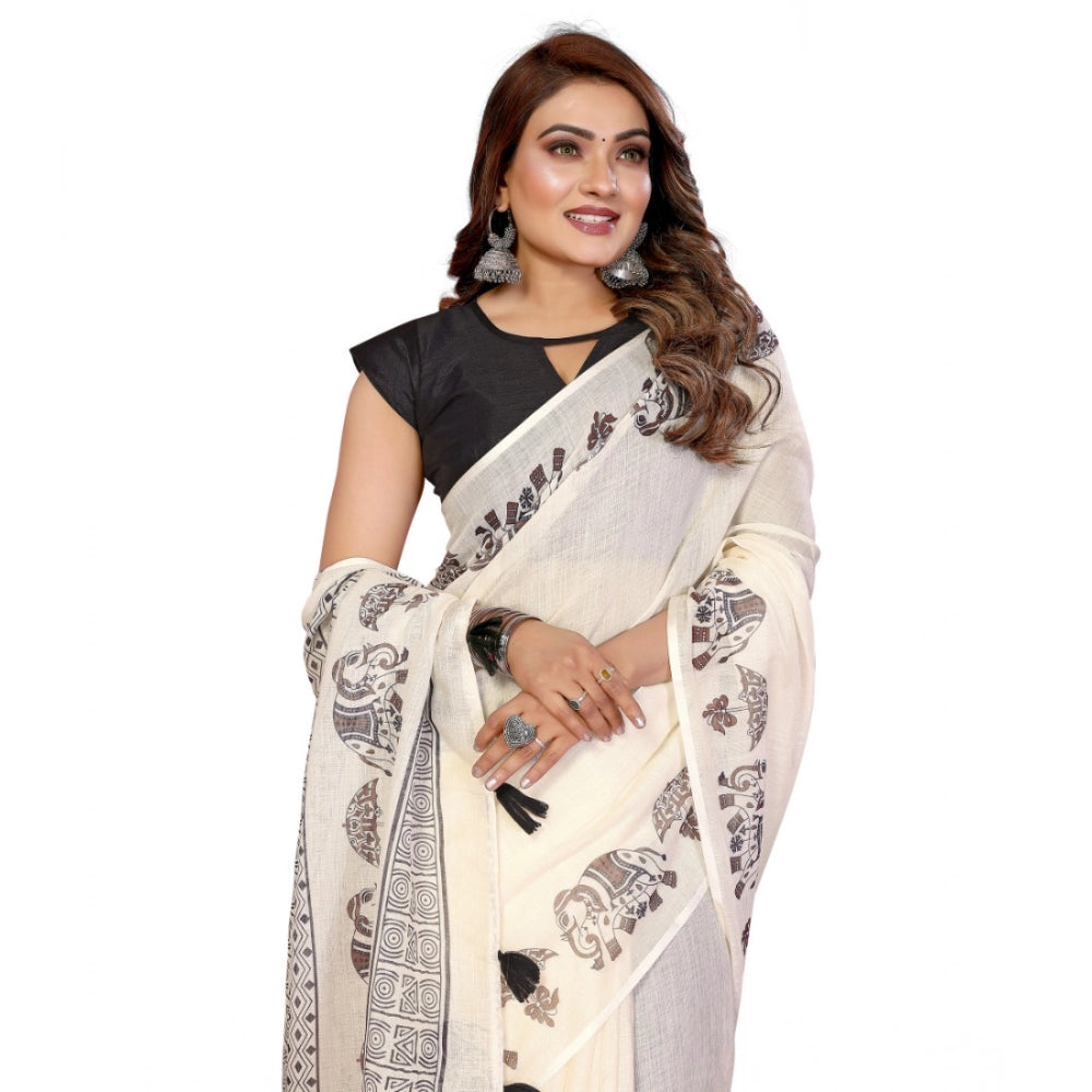 Women's Linen Cotton Printed Saree With Unstitched Blouse 5.5Mtr (Off White)
