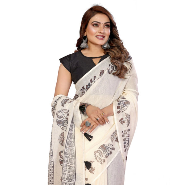 Women's Linen Cotton Printed Saree With Unstitched Blouse 5.5Mtr (Off White)