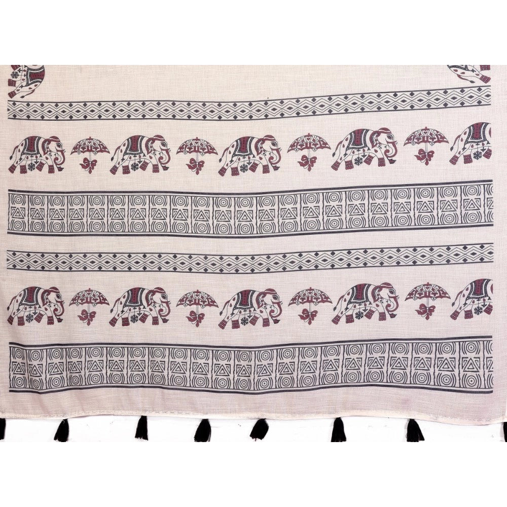 Women's Linen Cotton Printed Saree With Unstitched Blouse 5.5Mtr (Off White)