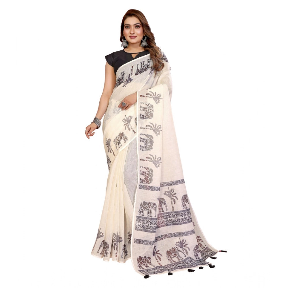 Women's Linen Cotton Printed Saree With Unstitched Blouse 5.5Mtr (Off White)