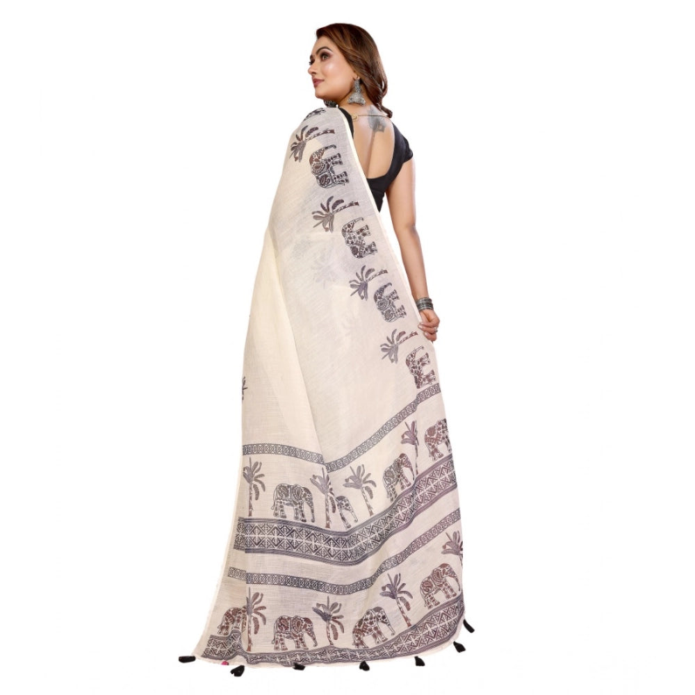 Women's Linen Cotton Printed Saree With Unstitched Blouse 5.5Mtr (Off White)