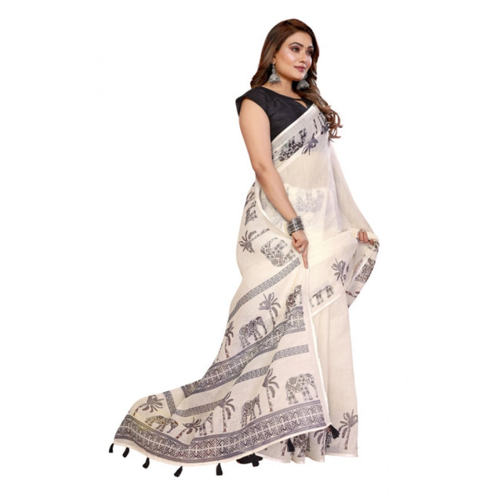 Women's Linen Cotton Printed Saree With Unstitched Blouse 5.5Mtr (Off White)
