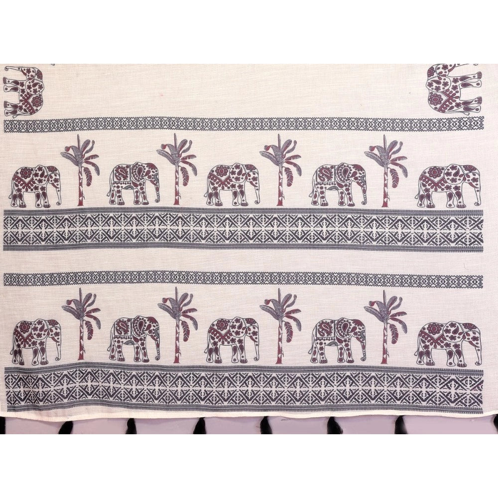 Women's Linen Cotton Printed Saree With Unstitched Blouse 5.5Mtr (Off White)