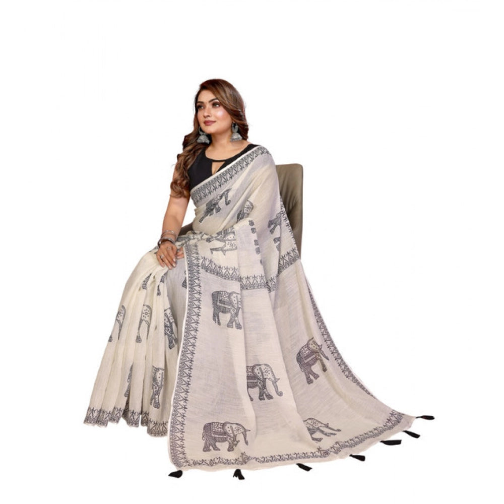 Women's Linen Cotton Printed Saree With Unstitched Blouse 5.5Mtr (Off White)
