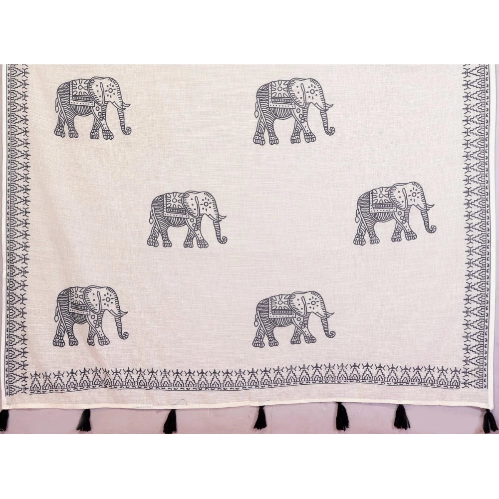 Women's Linen Cotton Printed Saree With Unstitched Blouse 5.5Mtr (Off White)