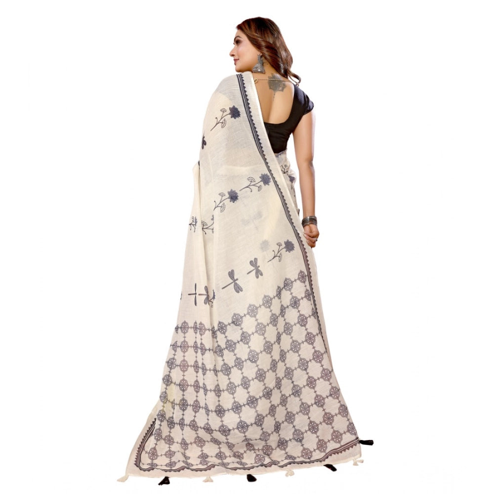 Women's Linen Cotton Printed Saree With Unstitched Blouse 5.5Mtr (Off White)