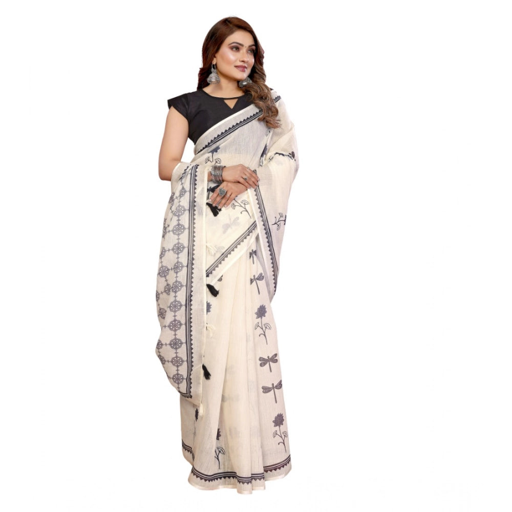 Women's Linen Cotton Printed Saree With Unstitched Blouse 5.5Mtr (Off White)
