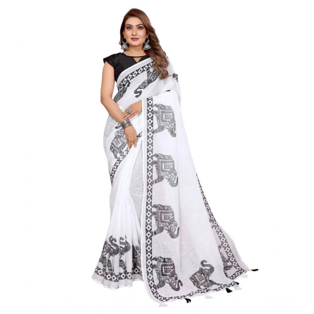 Women's Linen Cotton Printed Saree With Unstitched Blouse 5.5Mtr (White)