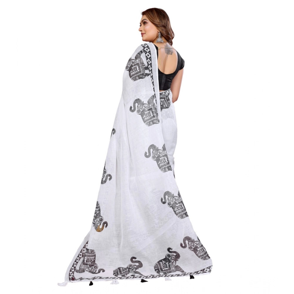 Women's Linen Cotton Printed Saree With Unstitched Blouse 5.5Mtr (White)
