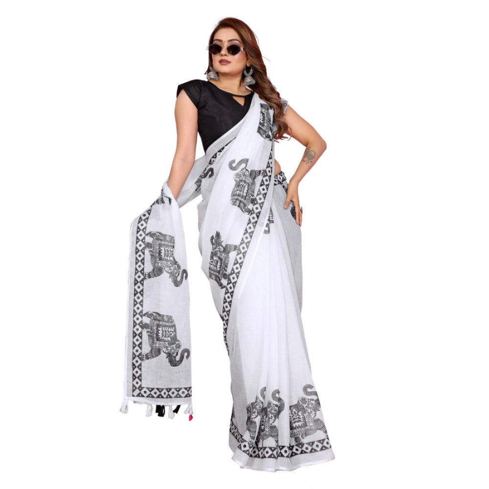 Women's Linen Cotton Printed Saree With Unstitched Blouse 5.5Mtr (White)