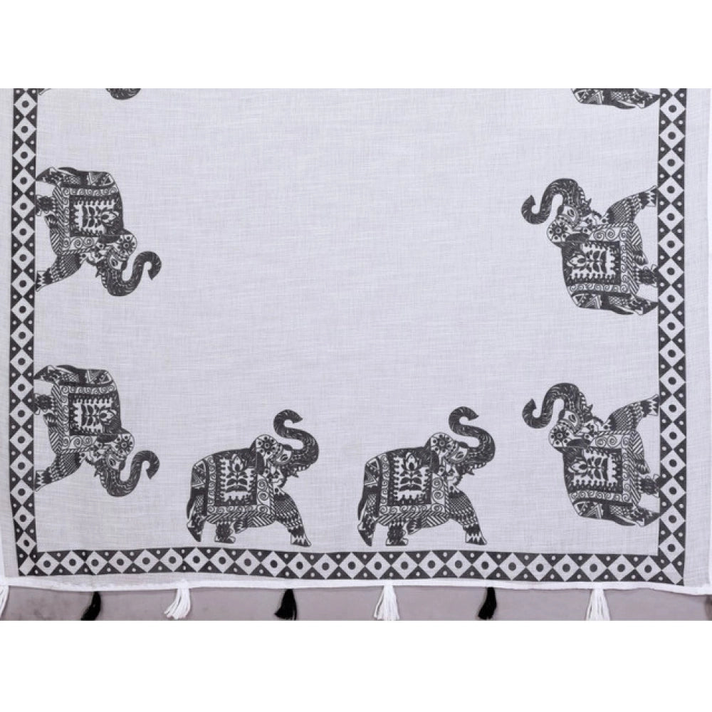 Women's Linen Cotton Printed Saree With Unstitched Blouse 5.5Mtr (White)