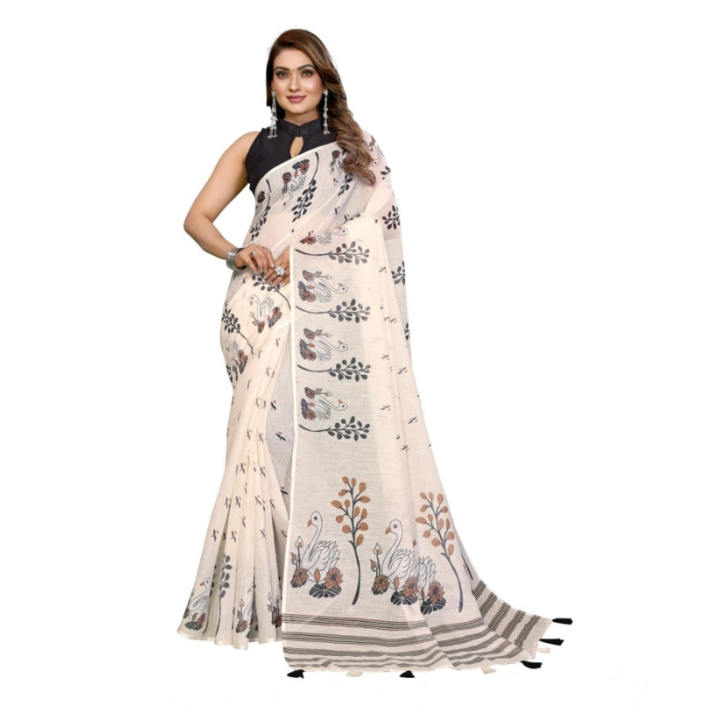Women's Linen Cotton Printed Saree With Unstitched Blouse 5.5Mtr (Off White)