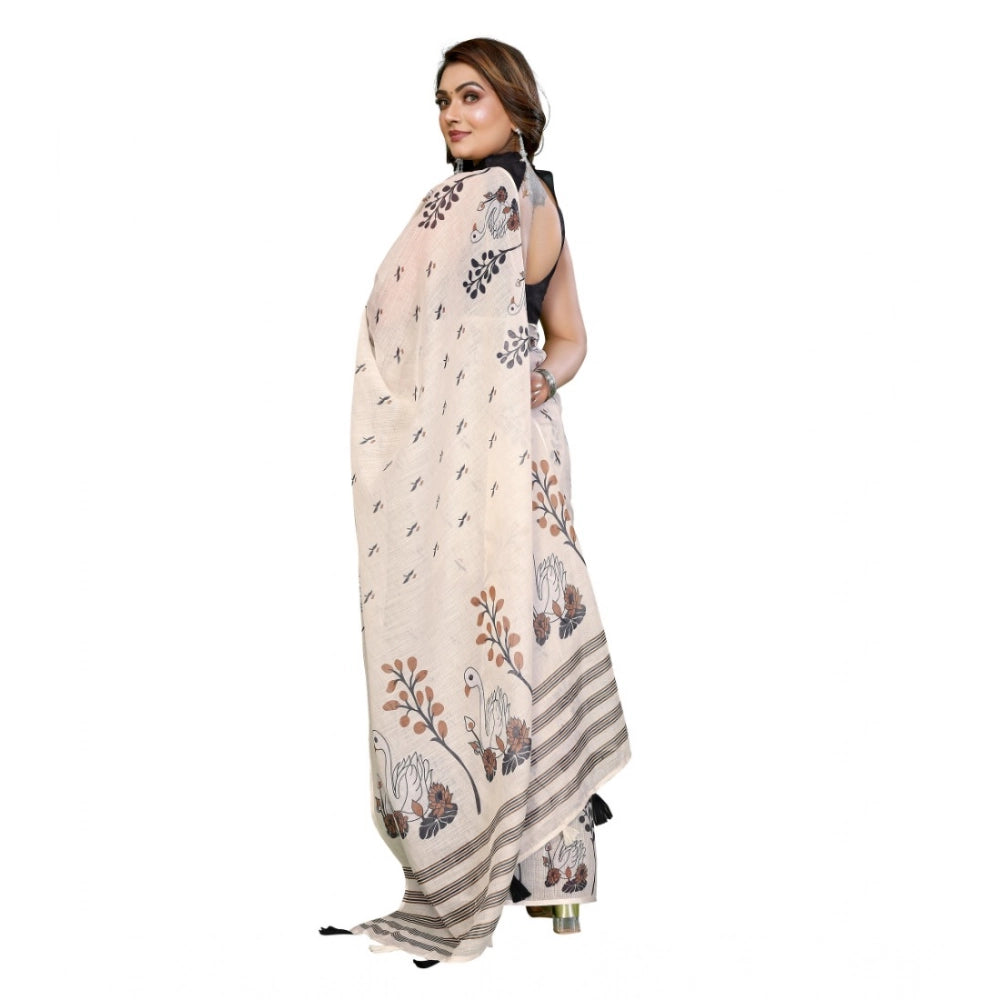 Women's Linen Cotton Printed Saree With Unstitched Blouse 5.5Mtr (Off White)