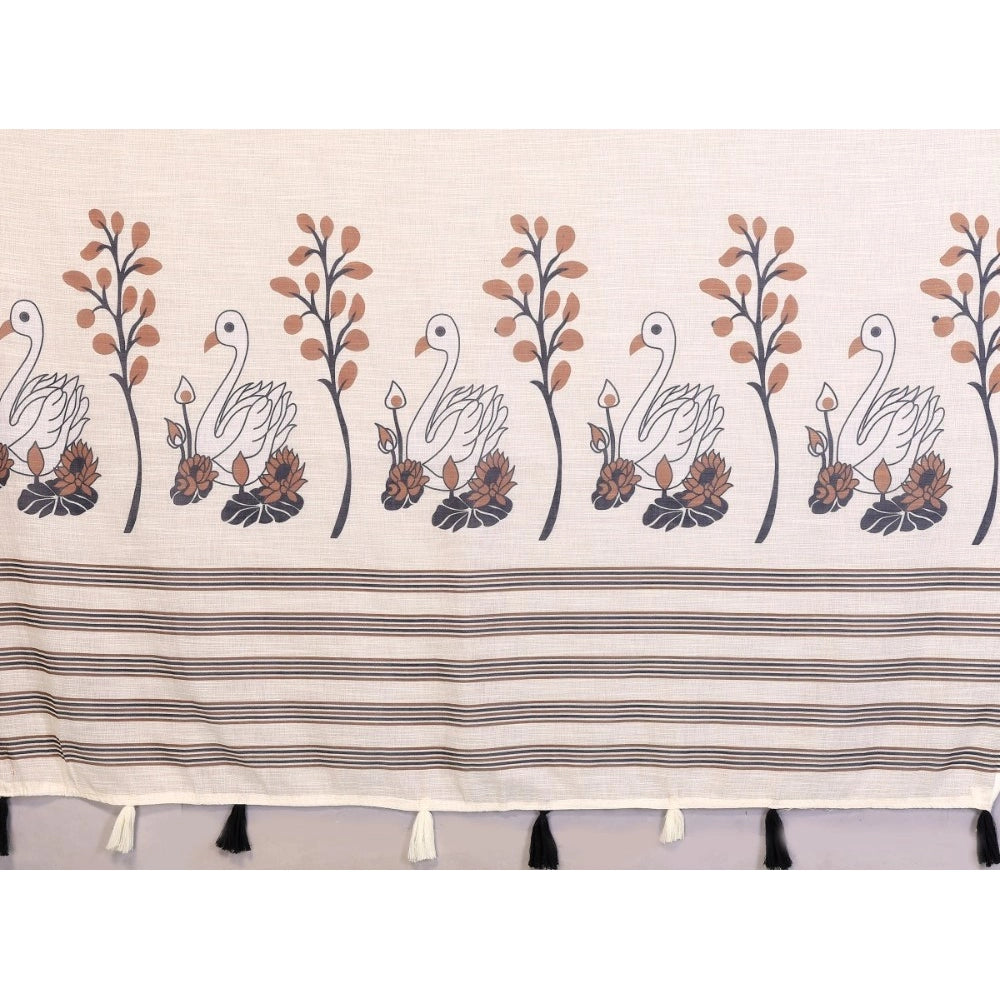 Women's Linen Cotton Printed Saree With Unstitched Blouse 5.5Mtr (Off White)