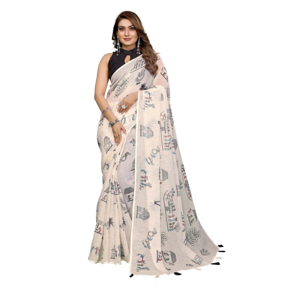 Women's Linen Cotton Printed Saree With Unstitched Blouse 5.5Mtr (Off White)
