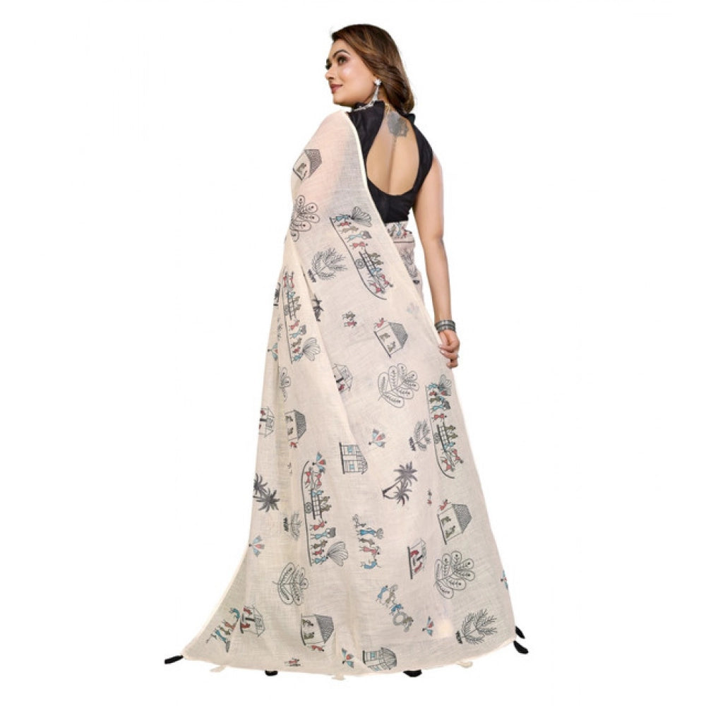 Women's Linen Cotton Printed Saree With Unstitched Blouse 5.5Mtr (Off White)