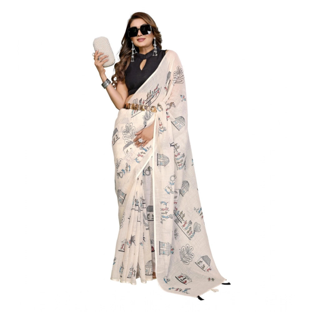 Women's Linen Cotton Printed Saree With Unstitched Blouse 5.5Mtr (Off White)