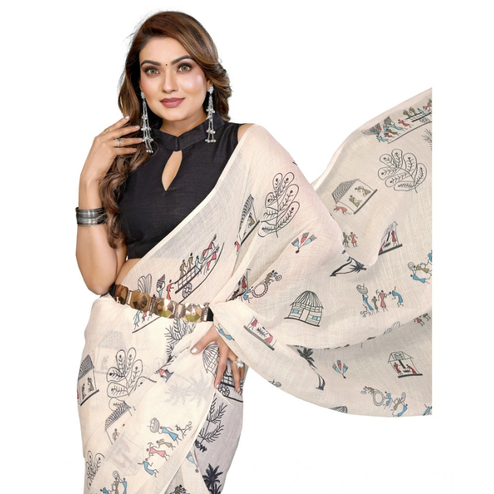 Women's Linen Cotton Printed Saree With Unstitched Blouse 5.5Mtr (Off White)