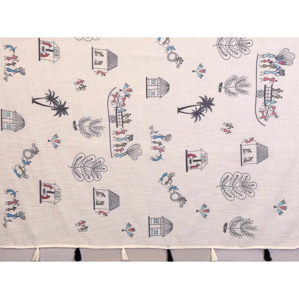 Women's Linen Cotton Printed Saree With Unstitched Blouse 5.5Mtr (Off White)