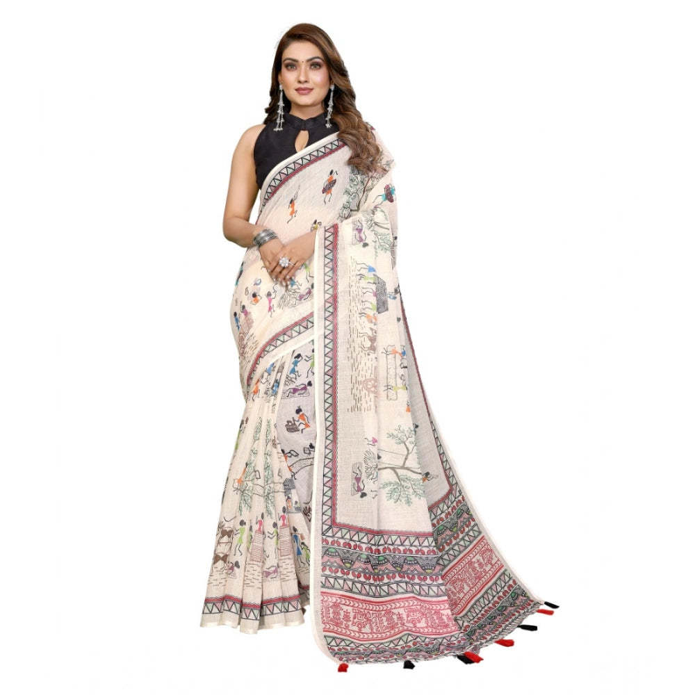 Women's Linen Cotton Printed Saree With Unstitched Blouse 5.5Mtr (Off White)