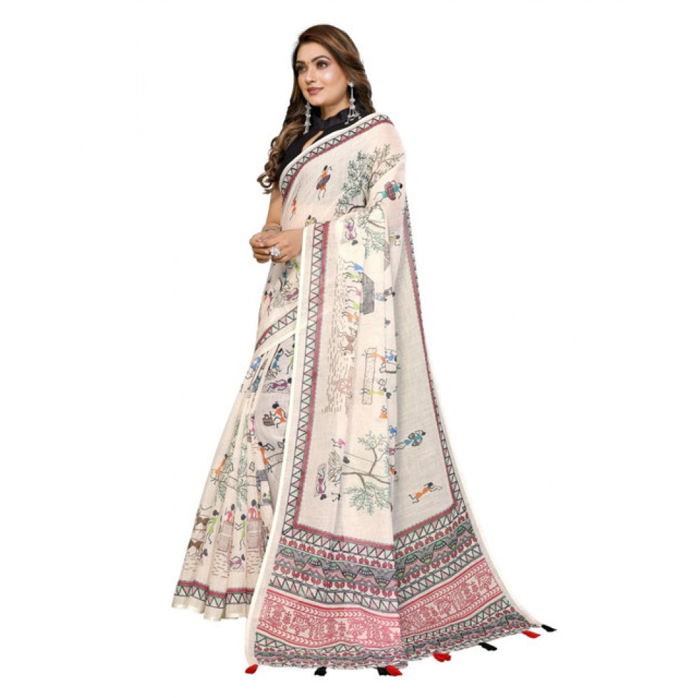 Women's Linen Cotton Printed Saree With Unstitched Blouse 5.5Mtr (Off White)