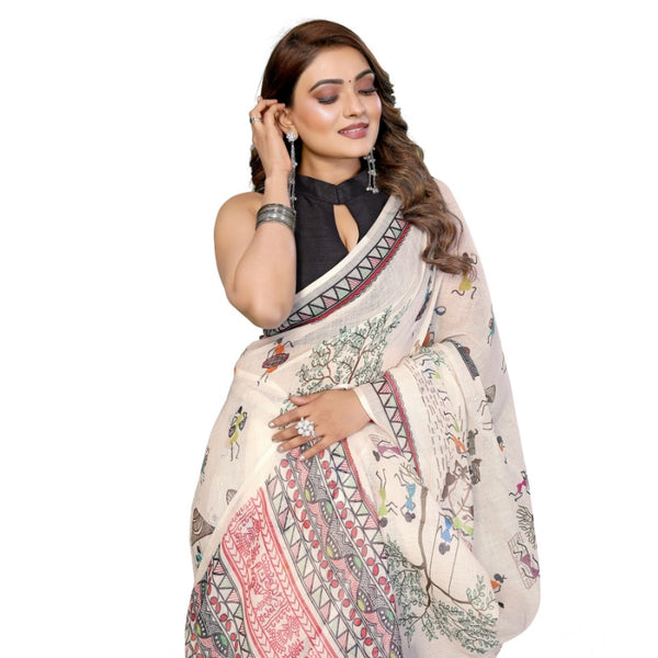 Women's Linen Cotton Printed Saree With Unstitched Blouse 5.5Mtr (Off White)