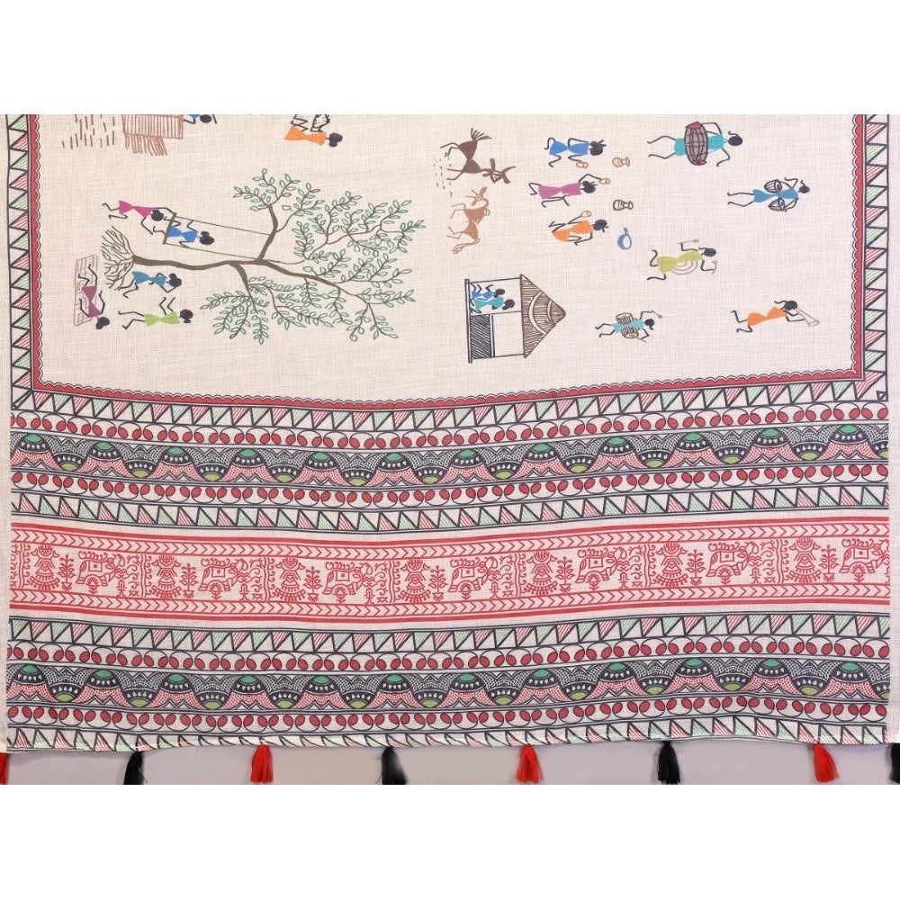 Women's Linen Cotton Printed Saree With Unstitched Blouse 5.5Mtr (Off White)