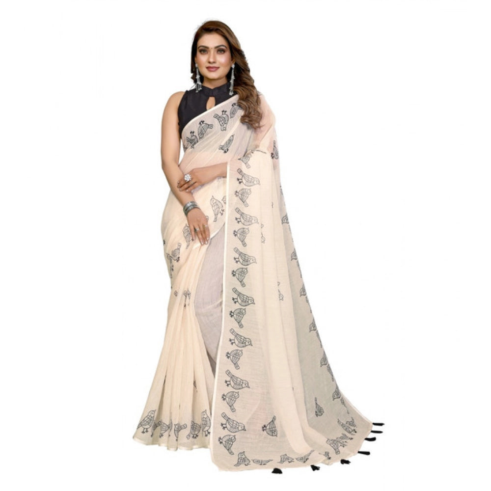Women's Linen Cotton Printed Saree With Unstitched Blouse 5.5Mtr (Off White)