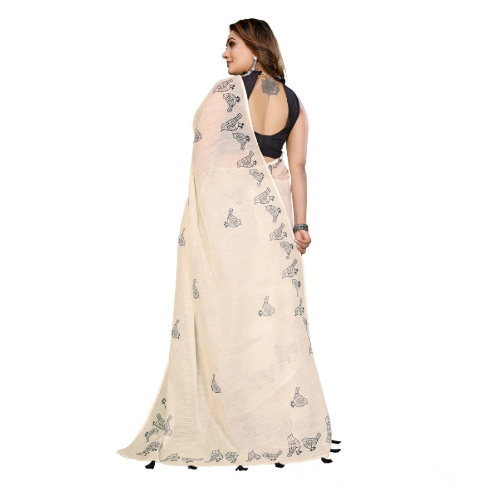 Women's Linen Cotton Printed Saree With Unstitched Blouse 5.5Mtr (Off White)