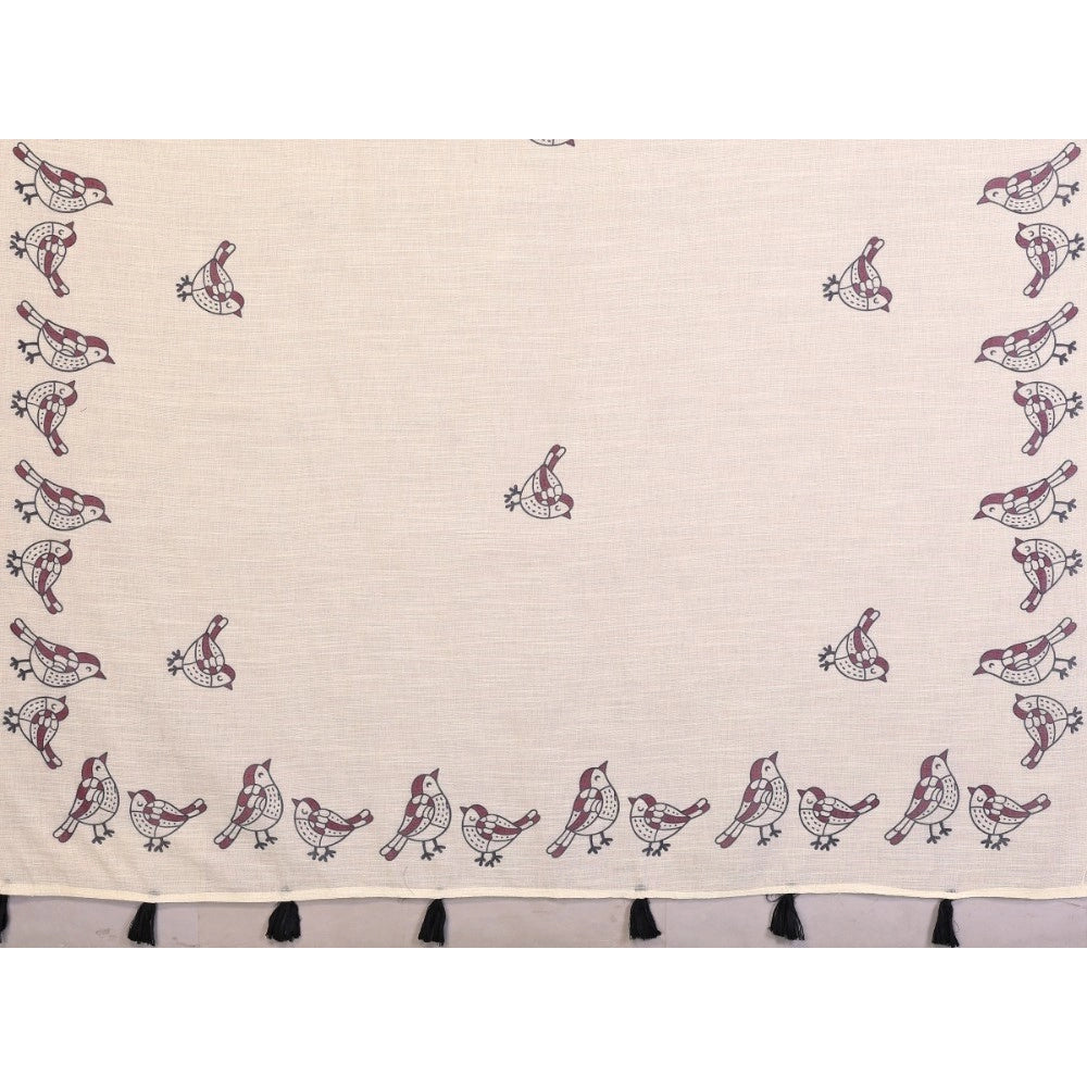 Women's Linen Cotton Printed Saree With Unstitched Blouse 5.5Mtr (Off White)