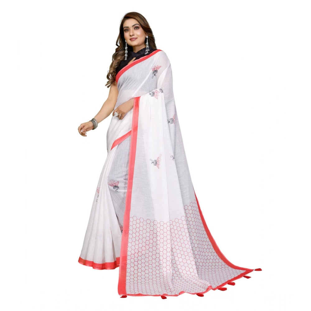 Women's Linen Cotton Printed Saree With Unstitched Blouse 5.5Mtr (White)
