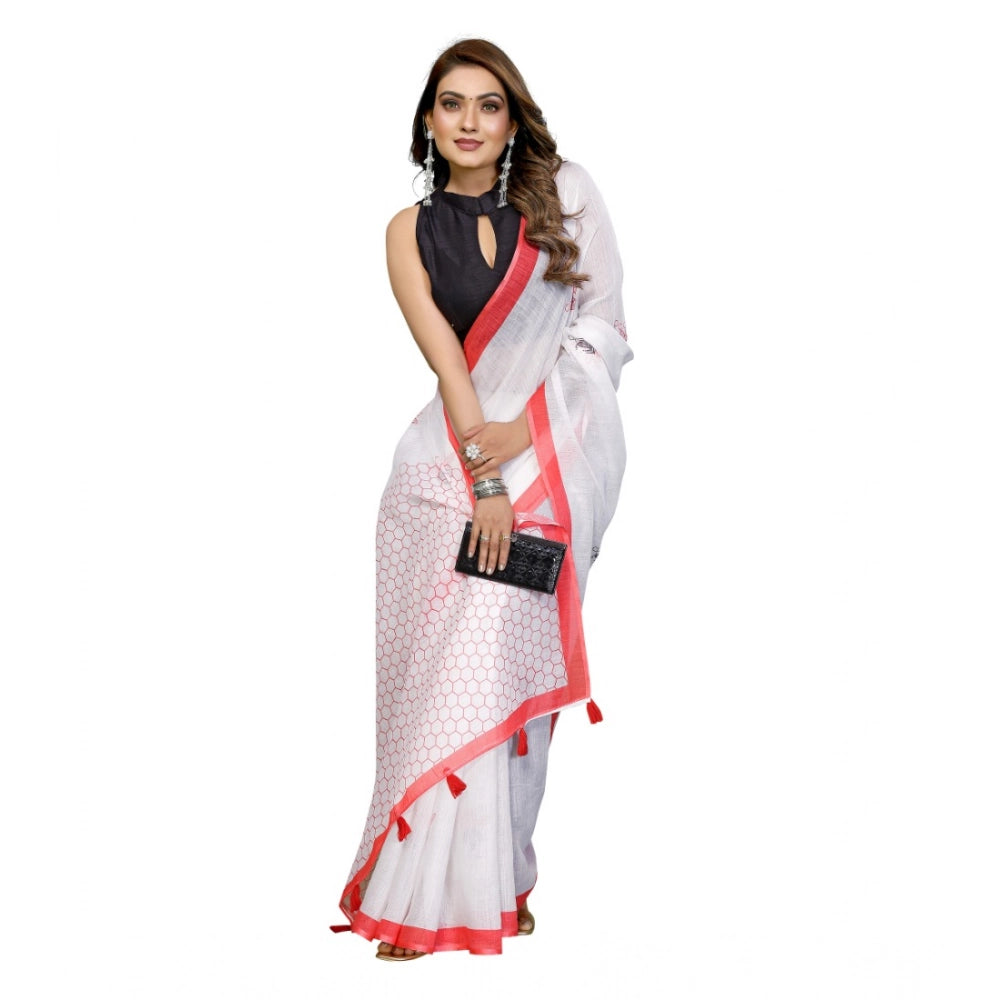 Women's Linen Cotton Printed Saree With Unstitched Blouse 5.5Mtr (White)