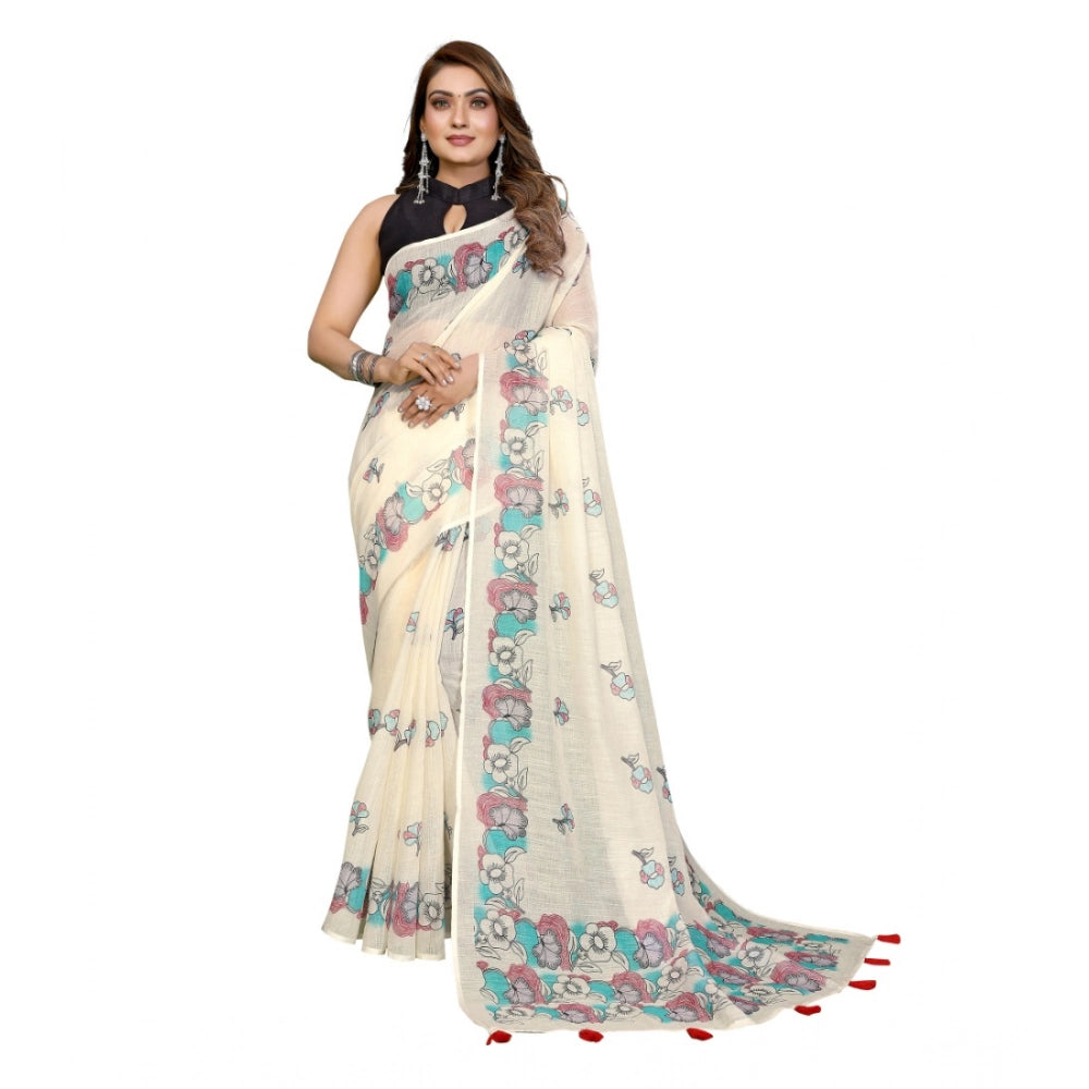 Women's Linen Cotton Printed Saree With Unstitched Blouse 5.5Mtr (Off White)