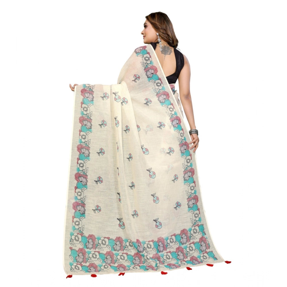 Women's Linen Cotton Printed Saree With Unstitched Blouse 5.5Mtr (Off White)