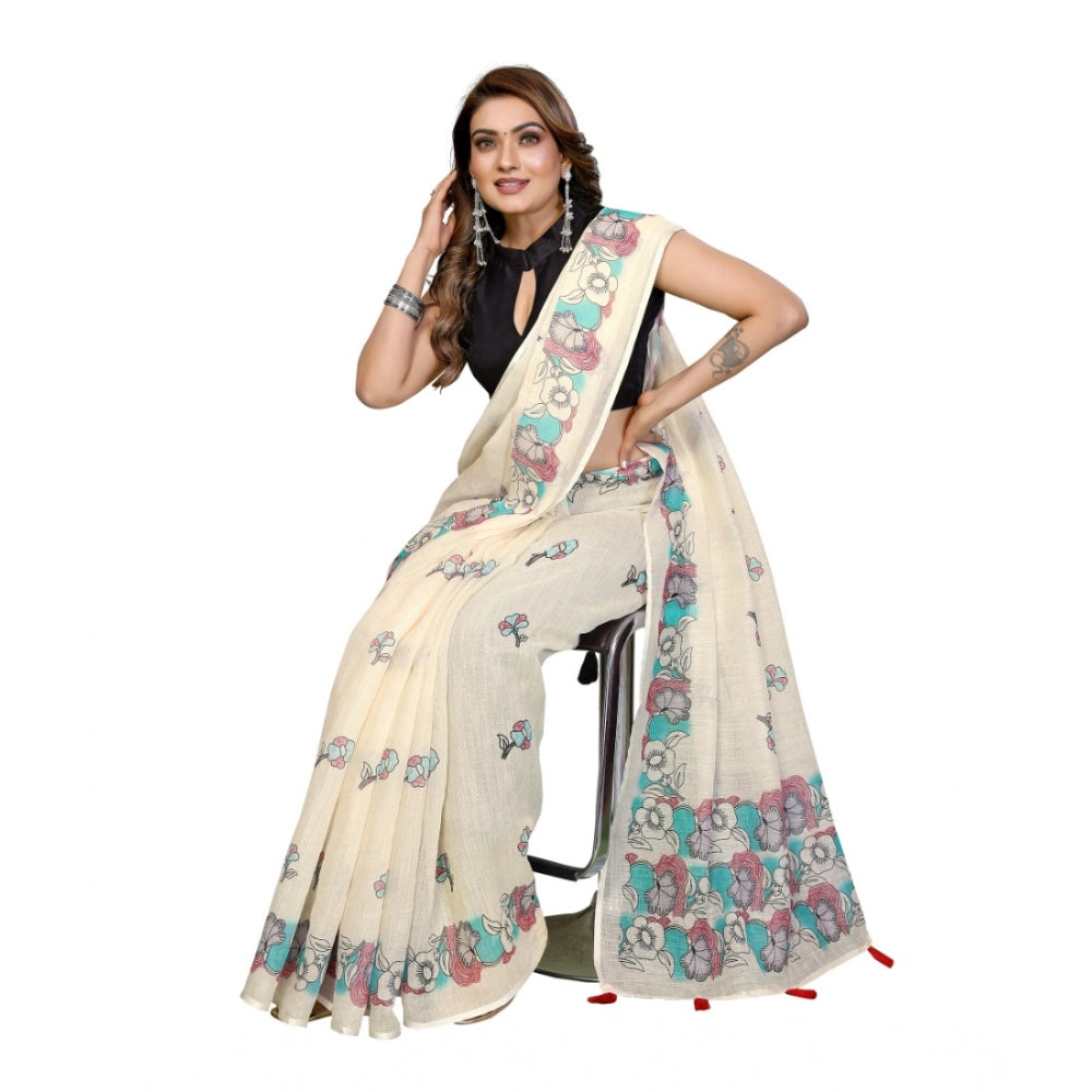 Women's Linen Cotton Printed Saree With Unstitched Blouse 5.5Mtr (Off White)