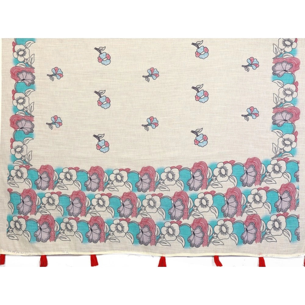 Women's Linen Cotton Printed Saree With Unstitched Blouse 5.5Mtr (Off White)