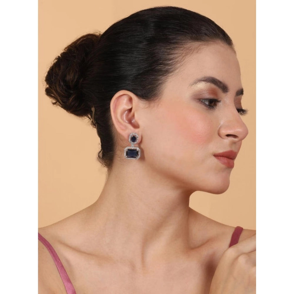 Women's Brass Silver Plated Drop Earrings (Blue)