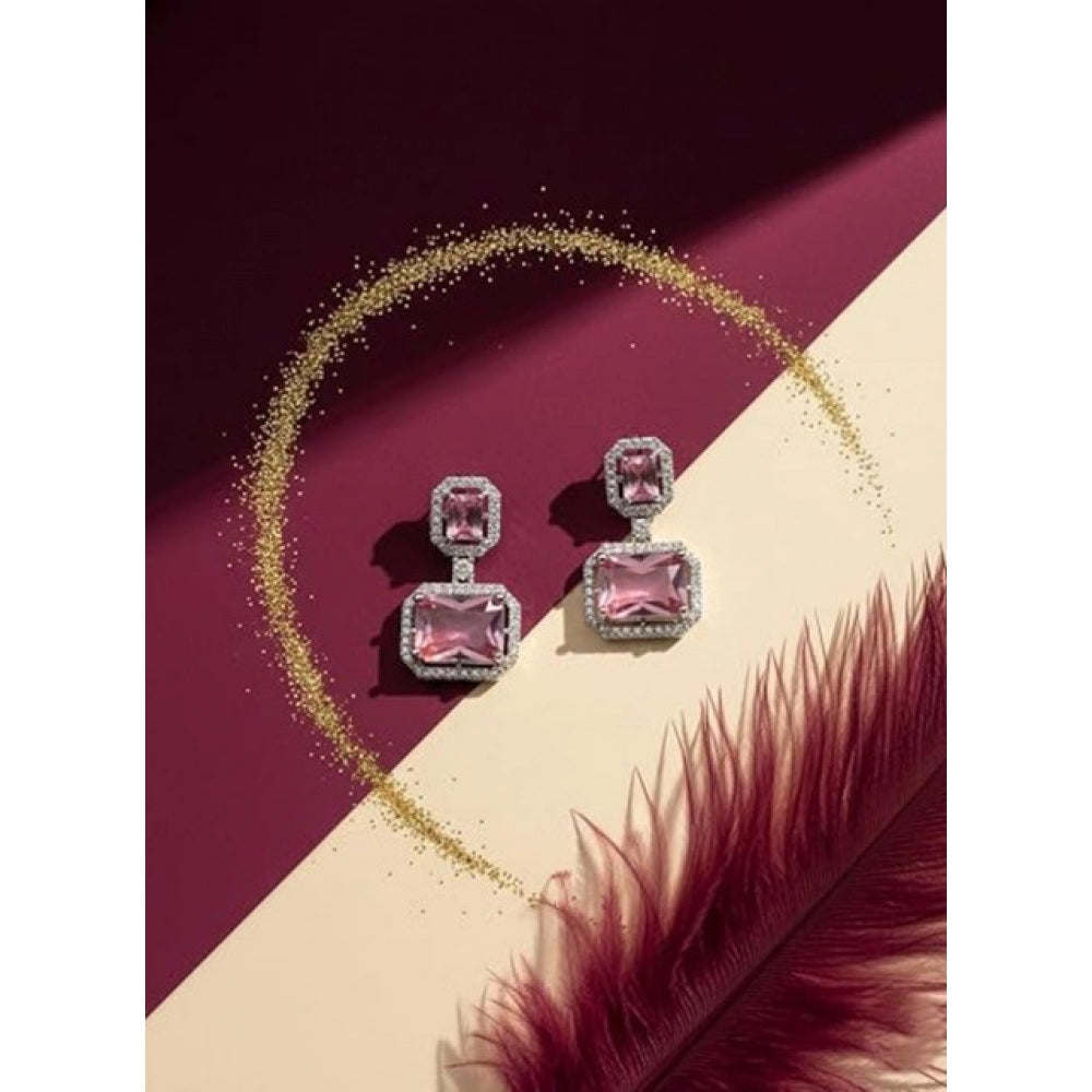 Women's Brass Silver Plated Drop Earrings (Pink)