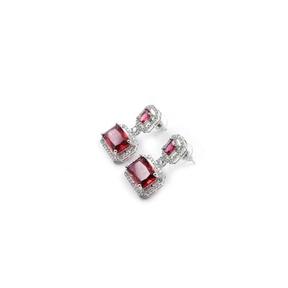 Women's Brass Silver Plated Drop Earrings (Red)