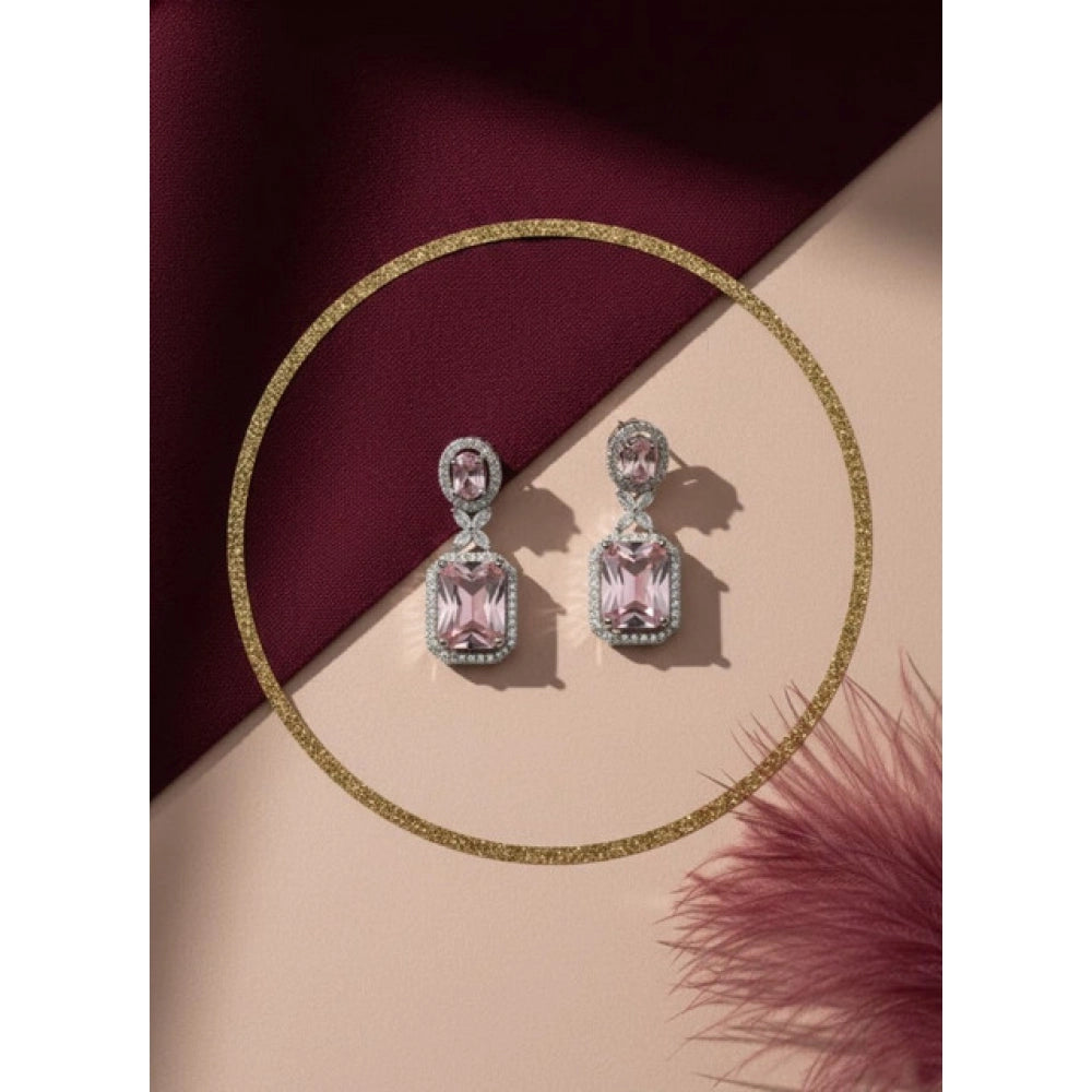 Women's Brass Silver Plated Drop Earrings (Pink)