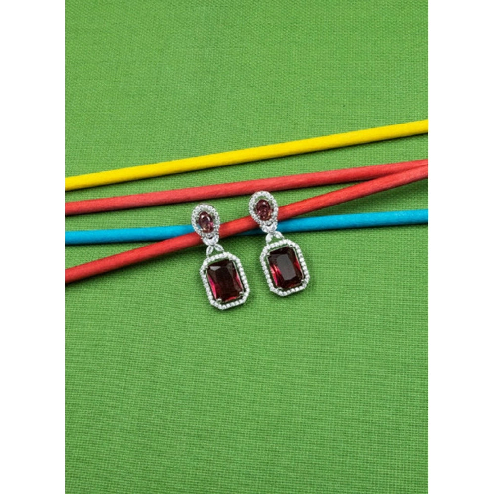Women's Brass Silver Plated Drop Earrings (Red)