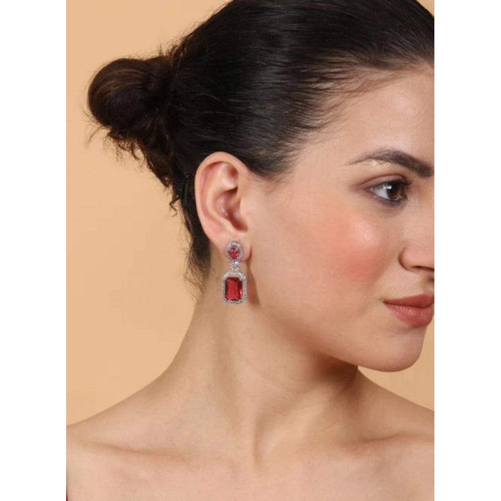 Women's Brass Silver Plated Drop Earrings (Red)