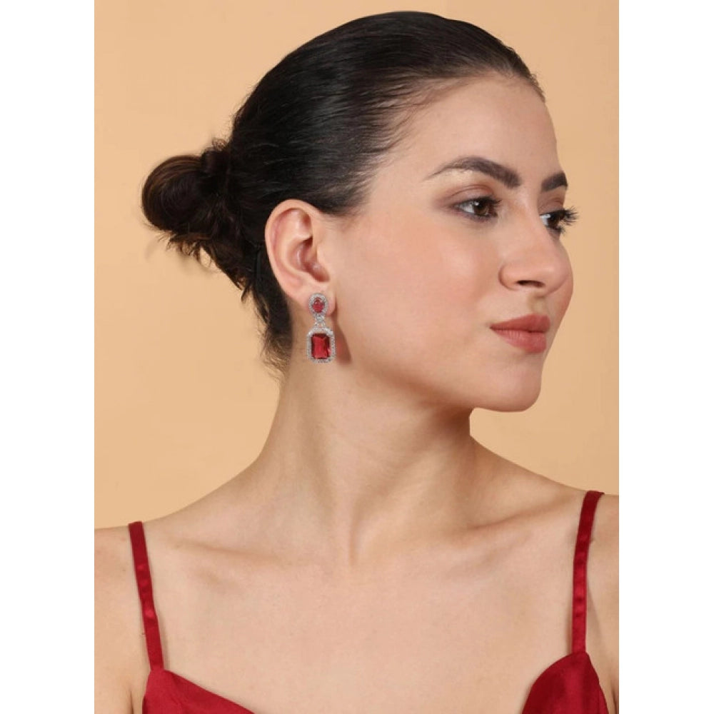 Women's Brass Silver Plated Drop Earrings (Red)