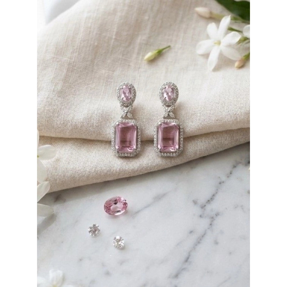 Women's Brass Silver Plated Drop Earrings (Pink)