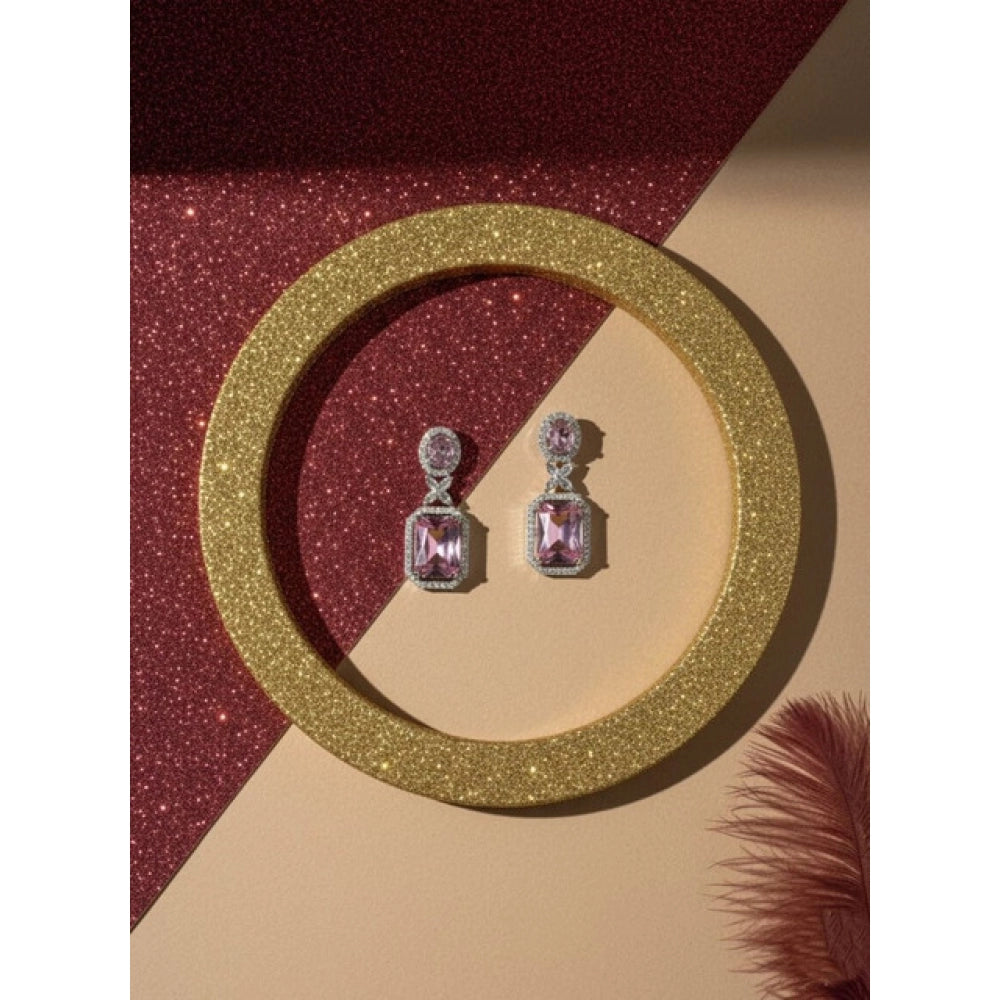 Women's Brass Silver Plated Drop Earrings (Pink)