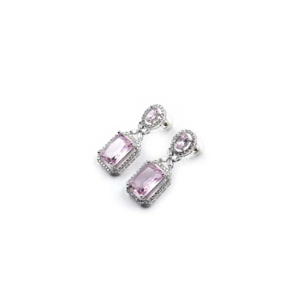 Women's Brass Silver Plated Drop Earrings (Pink)