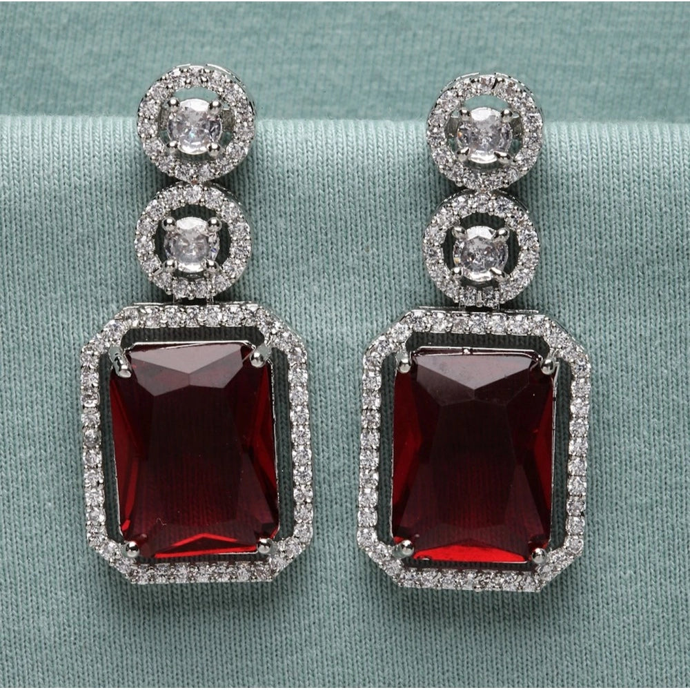 Women's Brass Silver Plated Drop Earrings (Red)