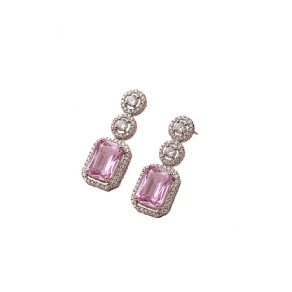 Women's Brass Silver Plated Drop Earrings (Pink)