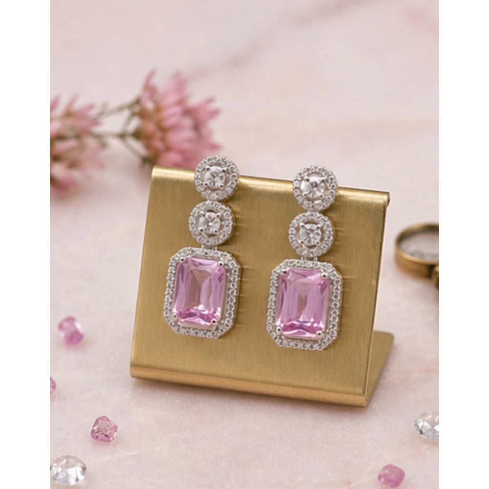 Women's Brass Silver Plated Drop Earrings (Pink)
